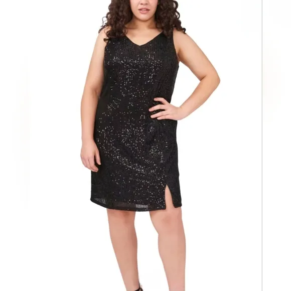 1. State Phoebe Slip Rich Black Time Sequins Dress Size 14W Above Knee Cocktail