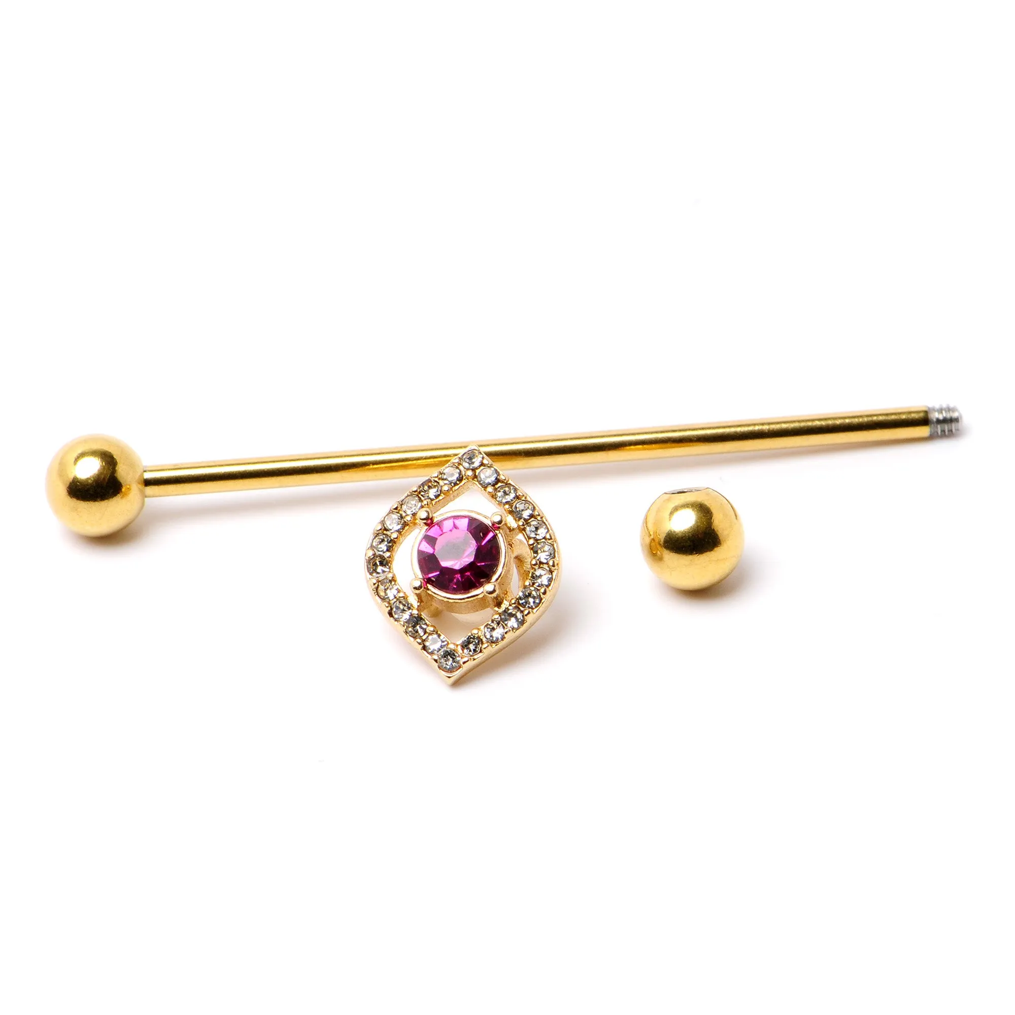 14 Gauge Clear Pink Gem Gold Tone Open Eye Industrial Barbell 38mm