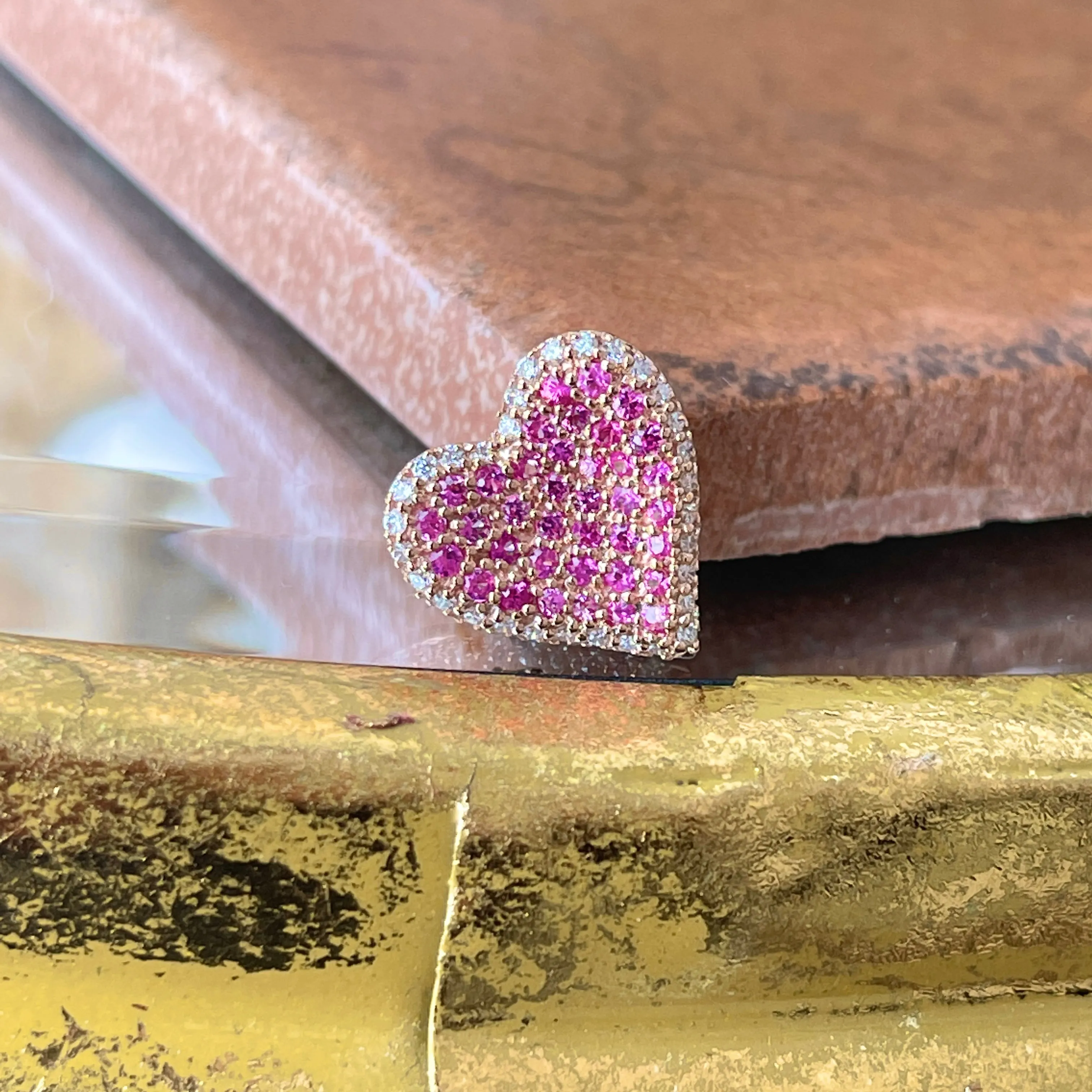 14KT Rose Gold Pave Pink Sapphire   Diamond Heart Slide Pendant