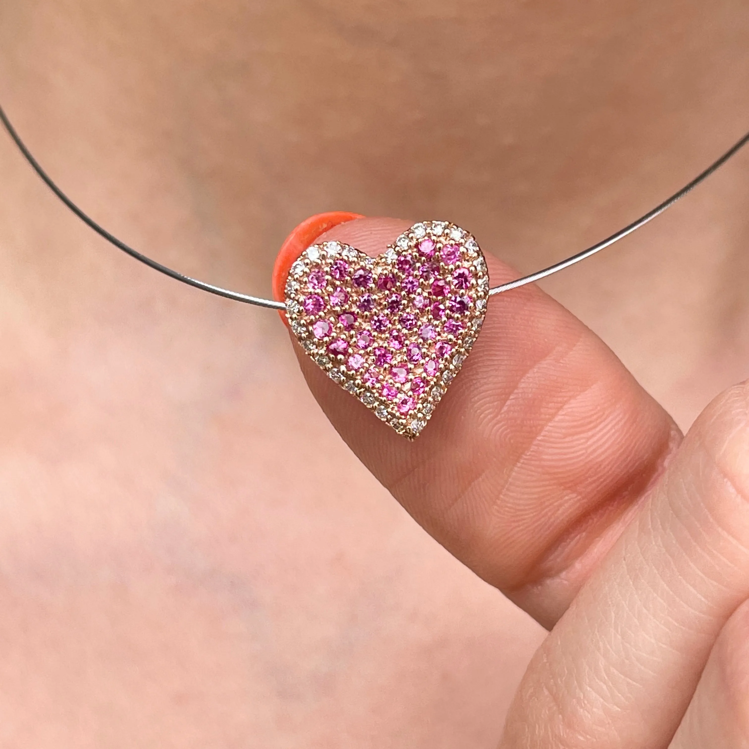 14KT Rose Gold Pave Pink Sapphire   Diamond Heart Slide Pendant