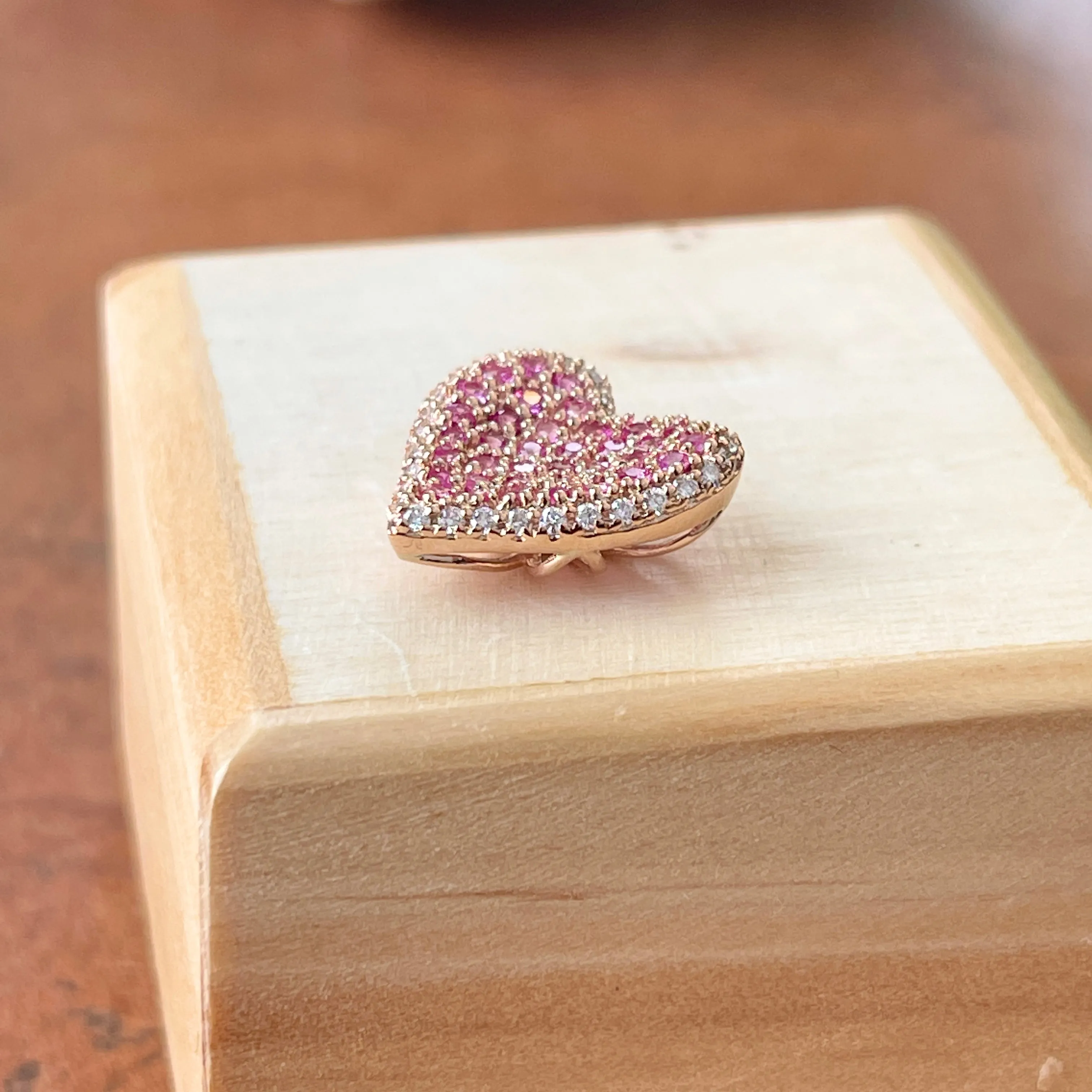 14KT Rose Gold Pave Pink Sapphire   Diamond Heart Slide Pendant