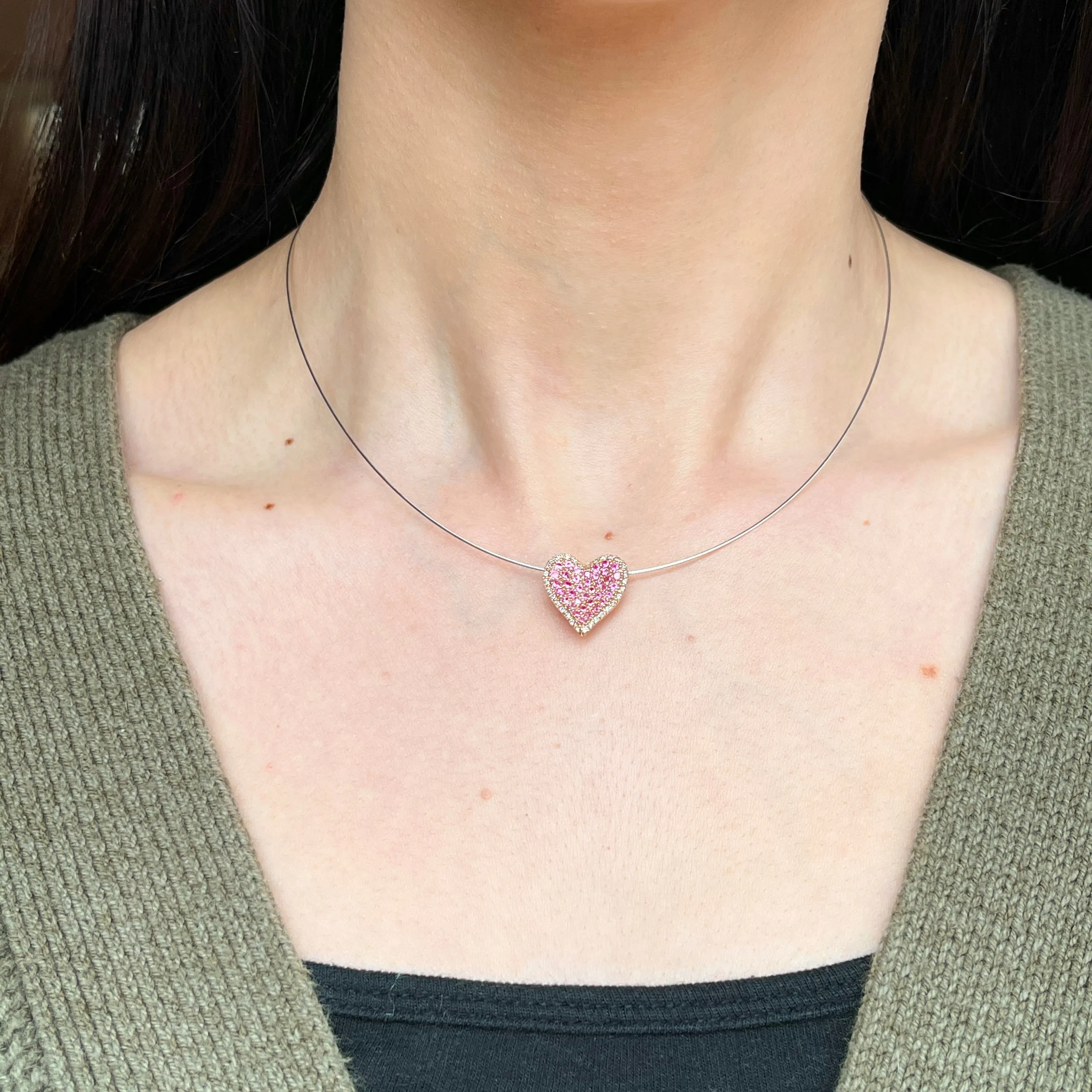 14KT Rose Gold Pave Pink Sapphire   Diamond Heart Slide Pendant