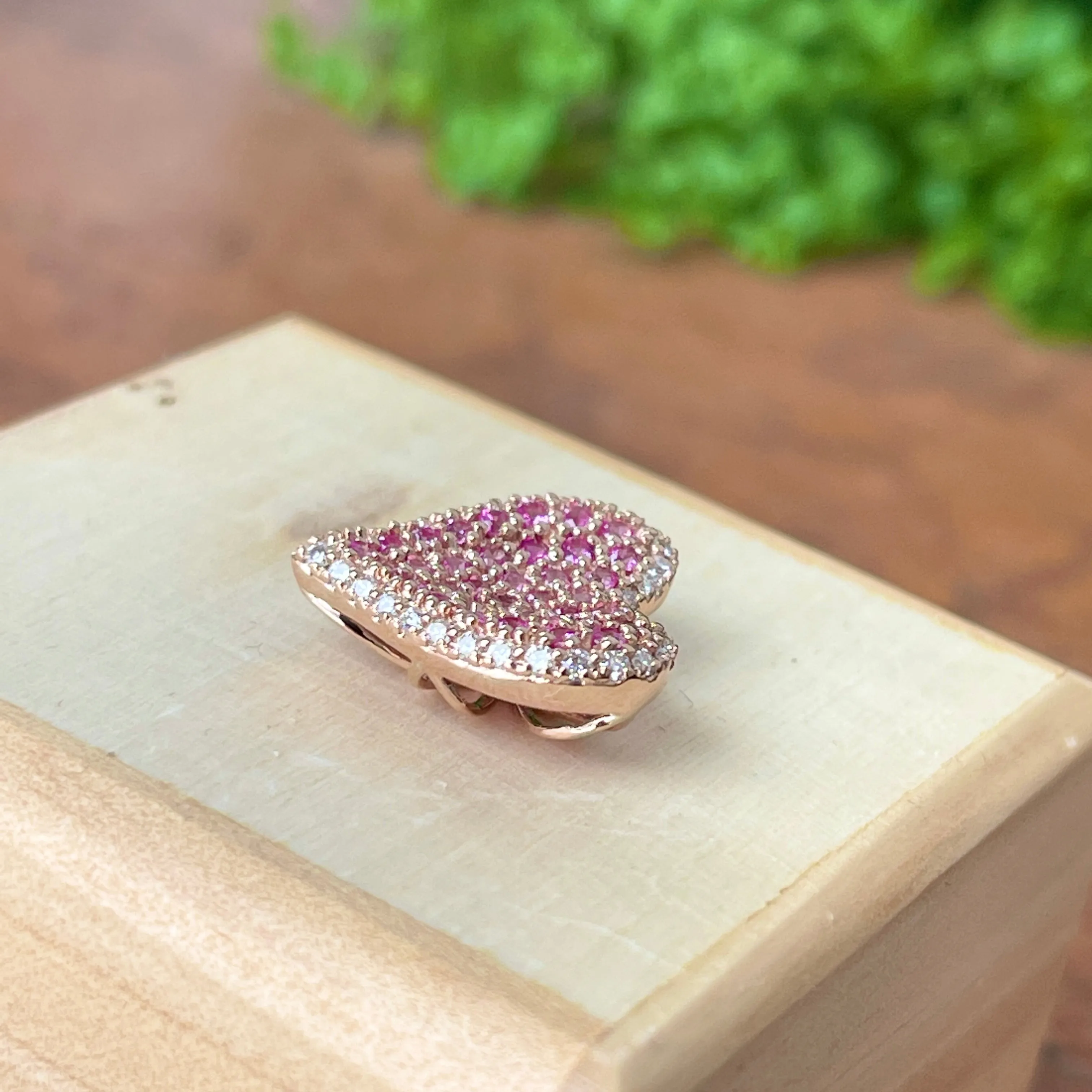 14KT Rose Gold Pave Pink Sapphire   Diamond Heart Slide Pendant