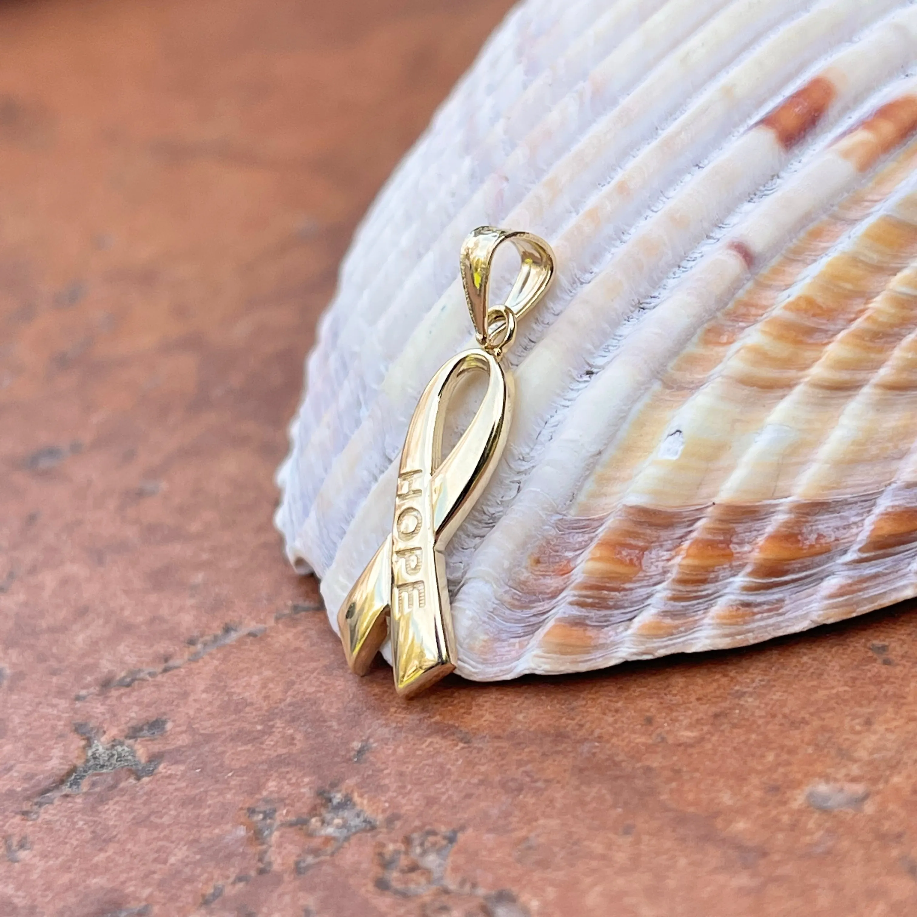 14KT Yellow Gold Cancer Awareness Hope Ribbon Pendant