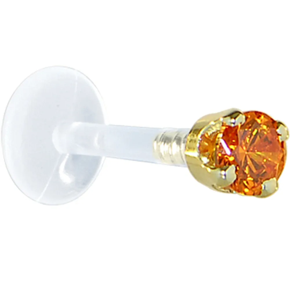 16 Gauge 1/4 Solid 14KT Yellow Gold 3mm Orange Cubic Zirconia Bioplast Tragus Earring Stud