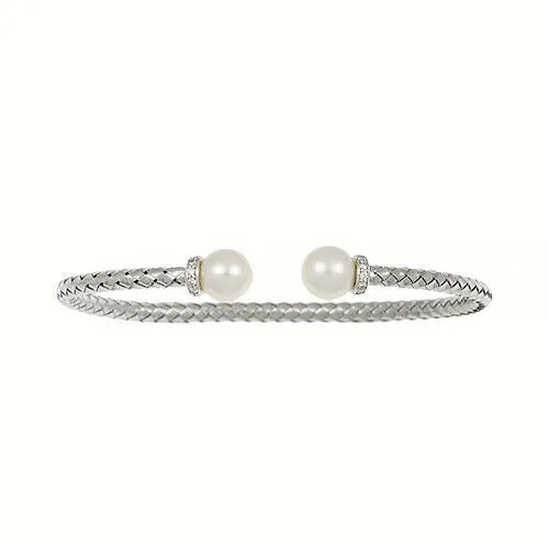 18KT White Gold Basket Weave Freshwater Pearl   .20 CT Diamond Open Bangle Bracelet