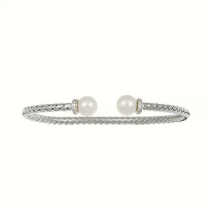 18KT White Gold Basket Weave Freshwater Pearl   .20 CT Diamond Open Bangle Bracelet