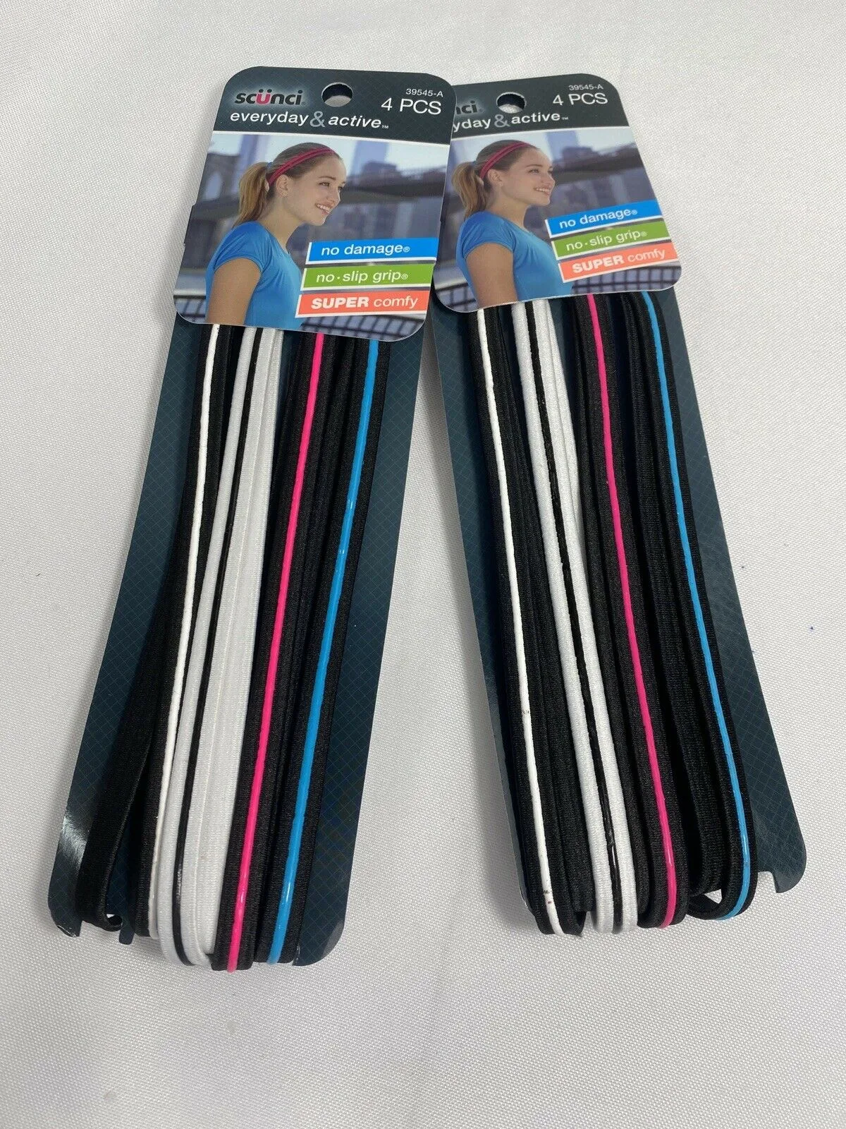 (2) Scunci Head Wrap No Slip Grip Band Comfy White Pink Black Thin Slim 8 Total