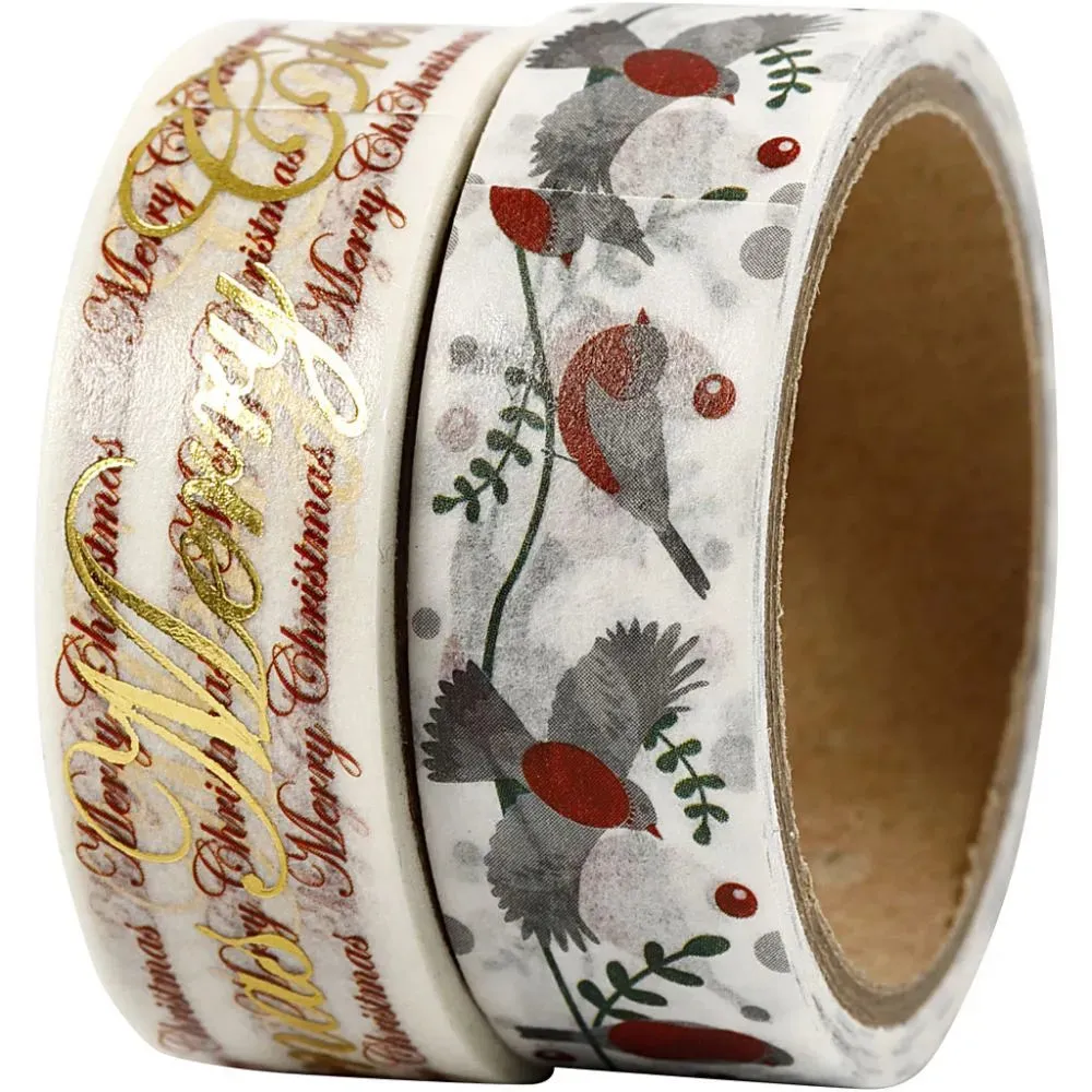 2 x Matt Paper Washi Tape Rolls Assorted Design Christmas Decorations Crafts 15mm 4m