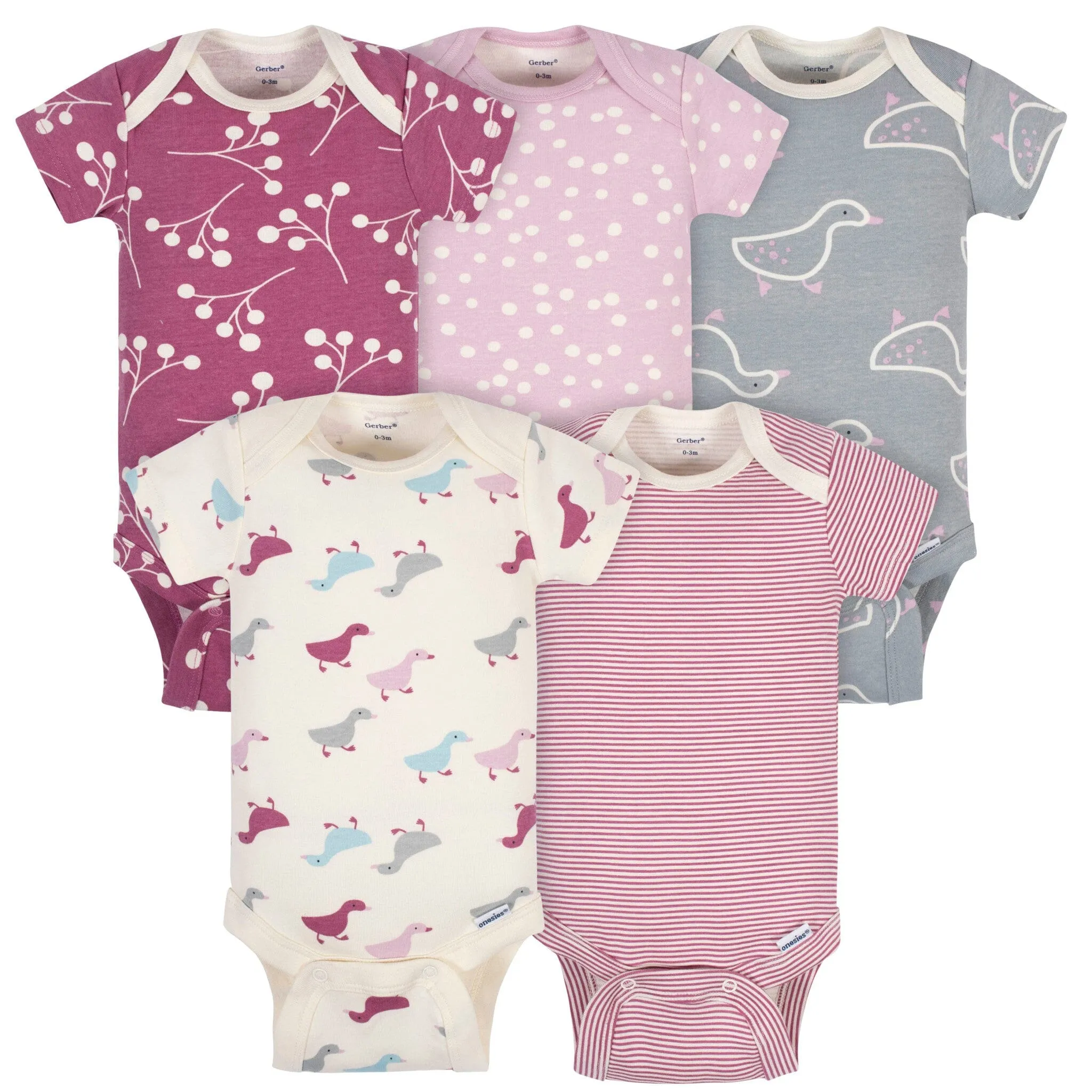 5-Pack Baby Girls Comfy Stretch Ducklings Short Sleeve Onesies® Bodysuits