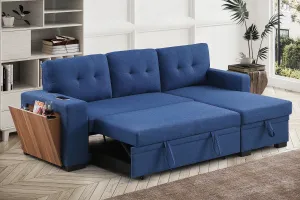 Acosure 92" Sleeper Couch with Storage Chaise,L-Shape Sectional Pull Out Sofa Bed W/USB & Cup Holder,Built-in Wood Shelf Armrest,3 Seat Linen Convertible Sofas for Living Room Office Flats,Blue