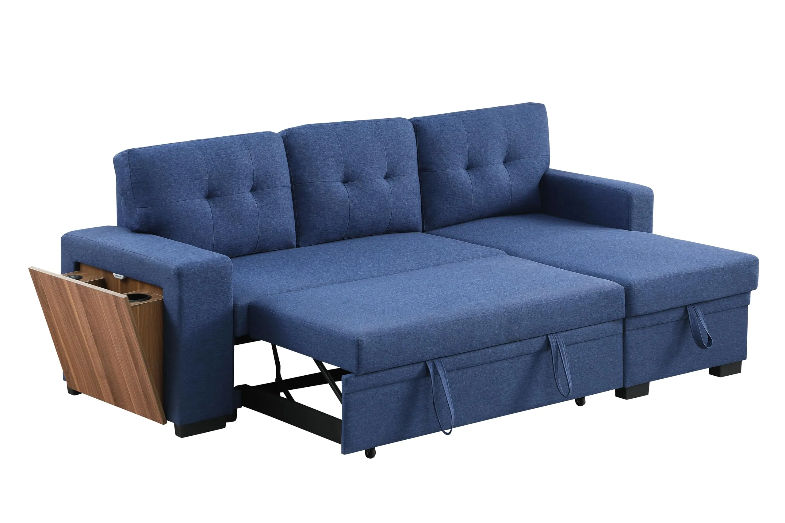 Acosure 92" Sleeper Couch with Storage Chaise,L-Shape Sectional Pull Out Sofa Bed W/USB & Cup Holder,Built-in Wood Shelf Armrest,3 Seat Linen Convertible Sofas for Living Room Office Flats,Blue