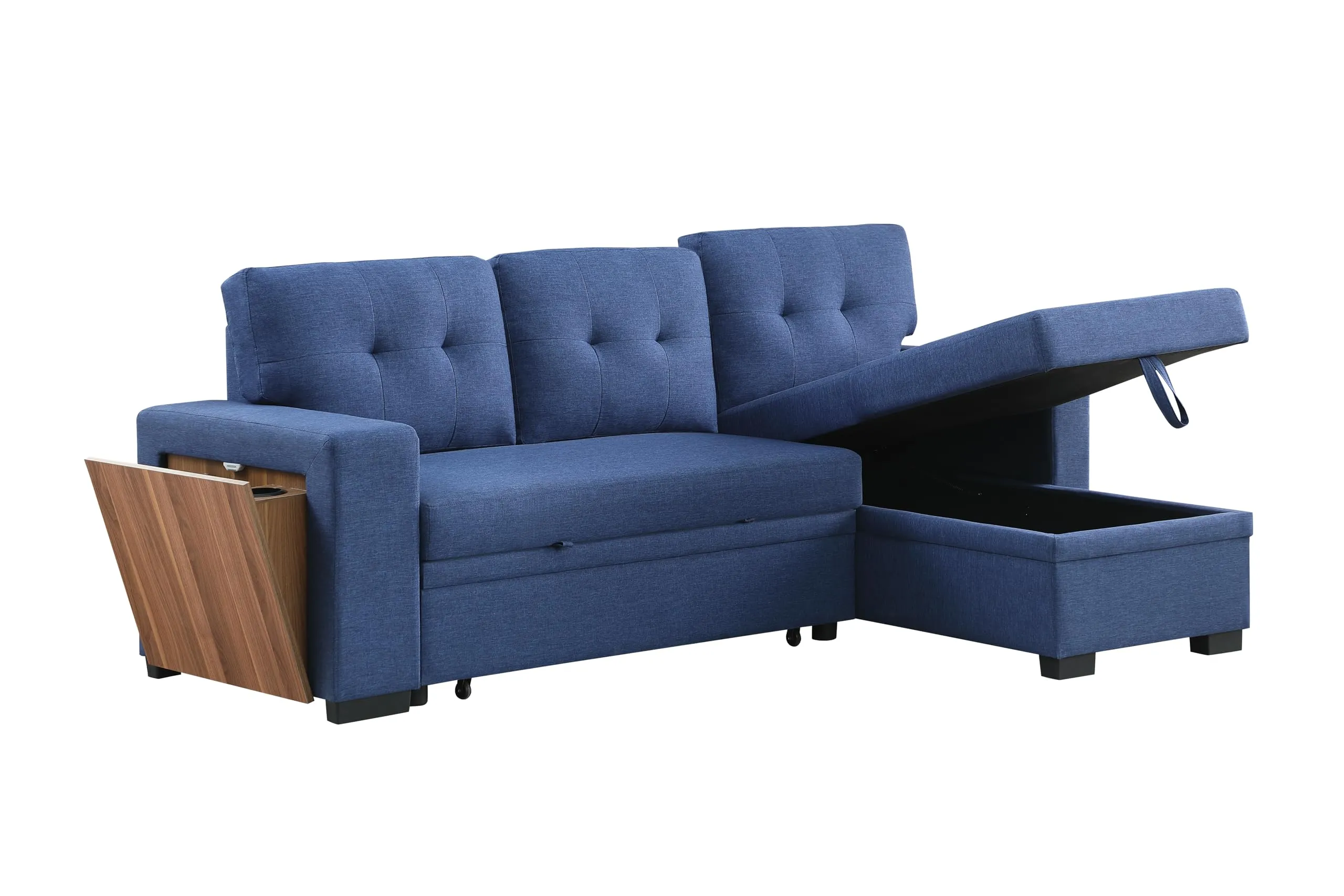 Acosure 92" Sleeper Couch with Storage Chaise,L-Shape Sectional Pull Out Sofa Bed W/USB & Cup Holder,Built-in Wood Shelf Armrest,3 Seat Linen Convertible Sofas for Living Room Office Flats,Blue