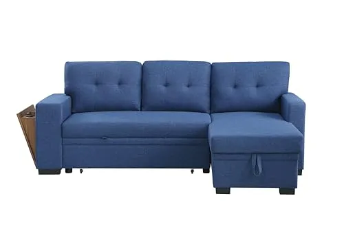 Acosure 92" Sleeper Couch with Storage Chaise,L-Shape Sectional Pull Out Sofa Bed W/USB & Cup Holder,Built-in Wood Shelf Armrest,3 Seat Linen Convertible Sofas for Living Room Office Flats,Blue