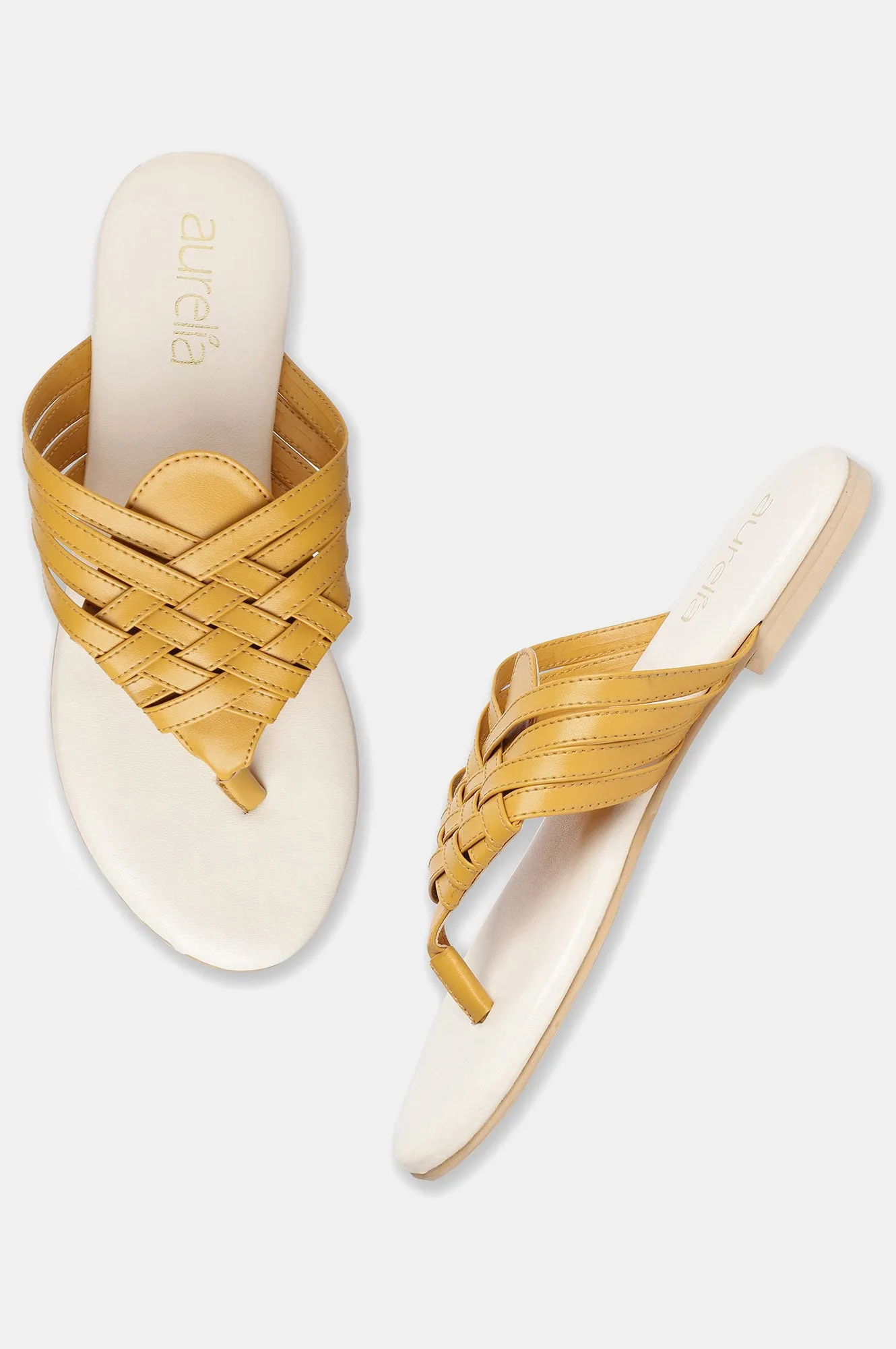 Aurelia Mustard Woven Design Round Toe Flat-Zsasha