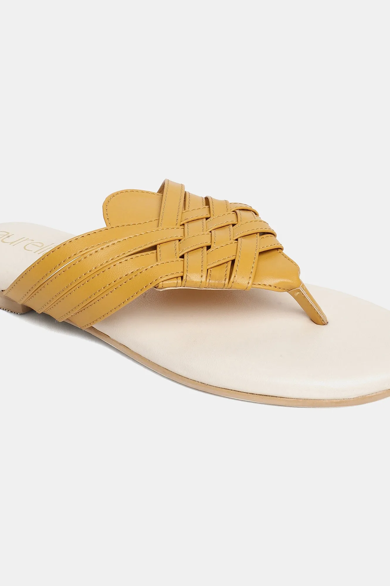 Aurelia Mustard Woven Design Round Toe Flat-Zsasha