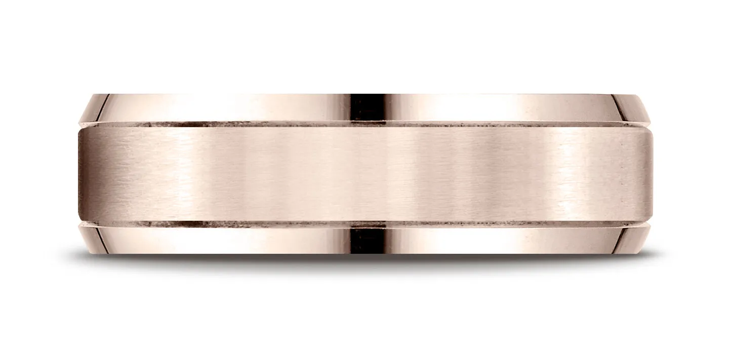 Benchmark 14K Rose Gold 6mm Comfort-Fit with High Polished Beveled Edge Carved Design Wedding Band Ring