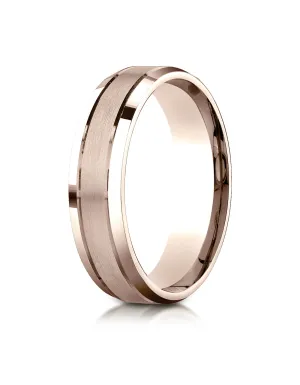 Benchmark 14K Rose Gold 6mm Comfort-Fit with High Polished Beveled Edge Carved Design Wedding Band Ring