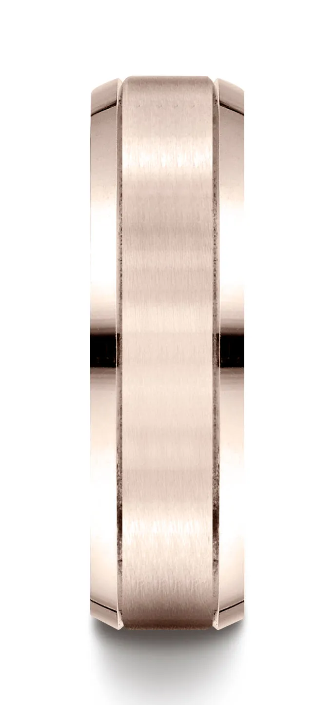 Benchmark 14K Rose Gold 6mm Comfort-Fit with High Polished Beveled Edge Carved Design Wedding Band Ring