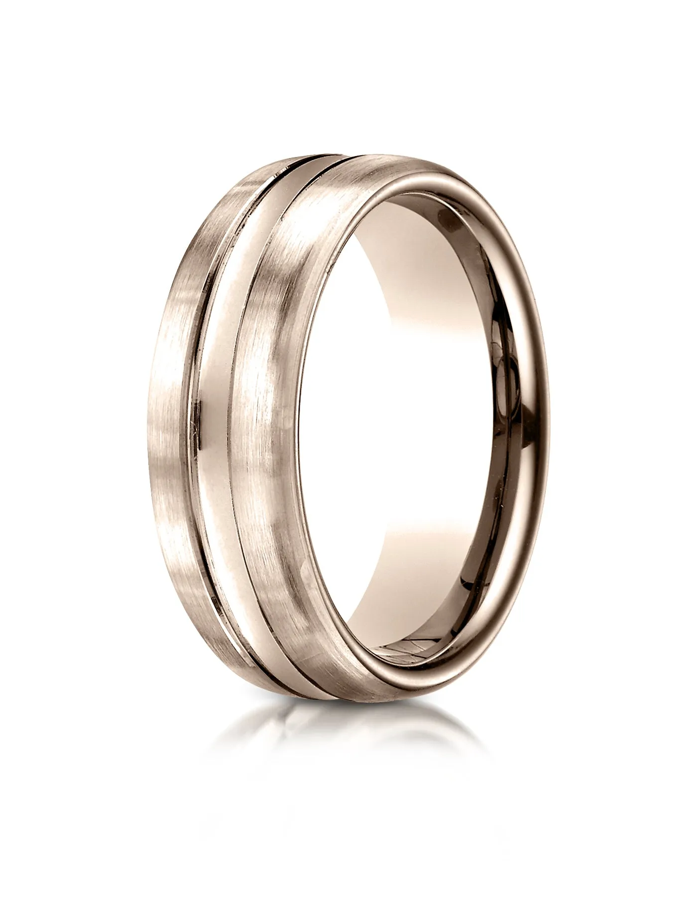 Benchmark 14K Rose Gold 7.5mm Comfort-Fit with High Polished Center Cut Carved Design Wedding Band Ring