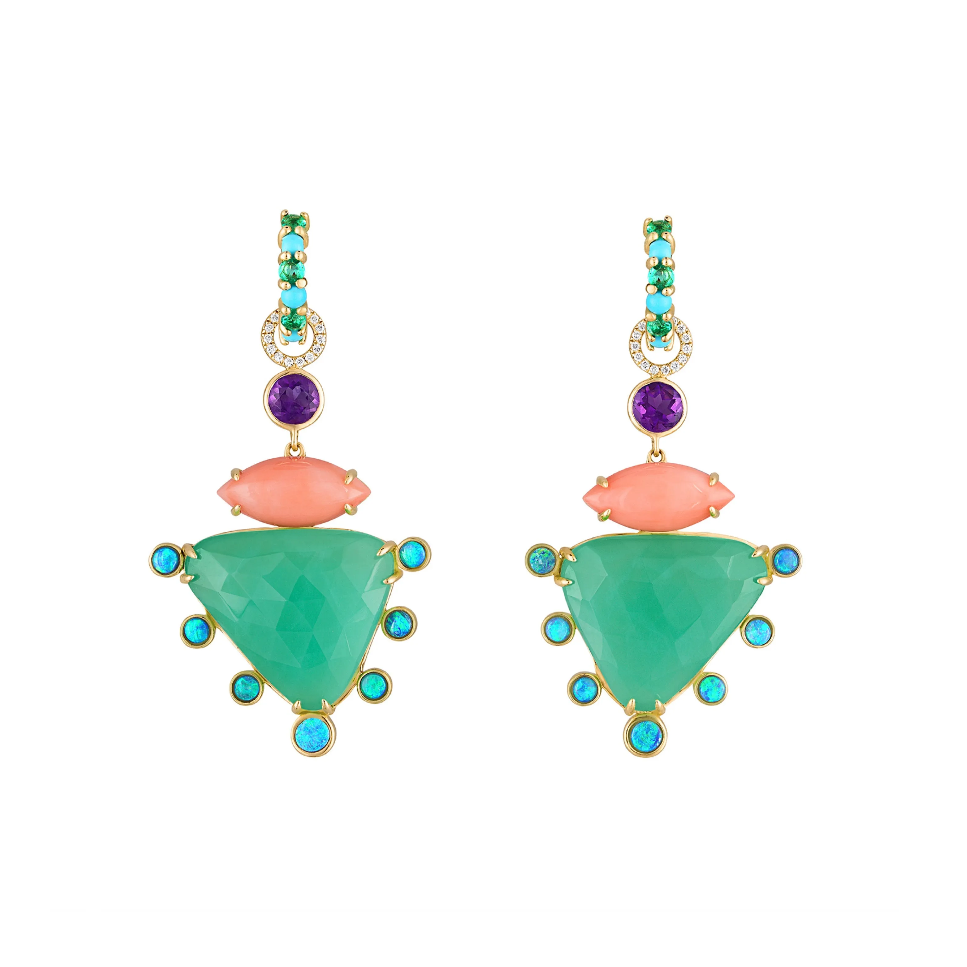 Chrysoprase, Amethyst, Opal, Diamond Earrings