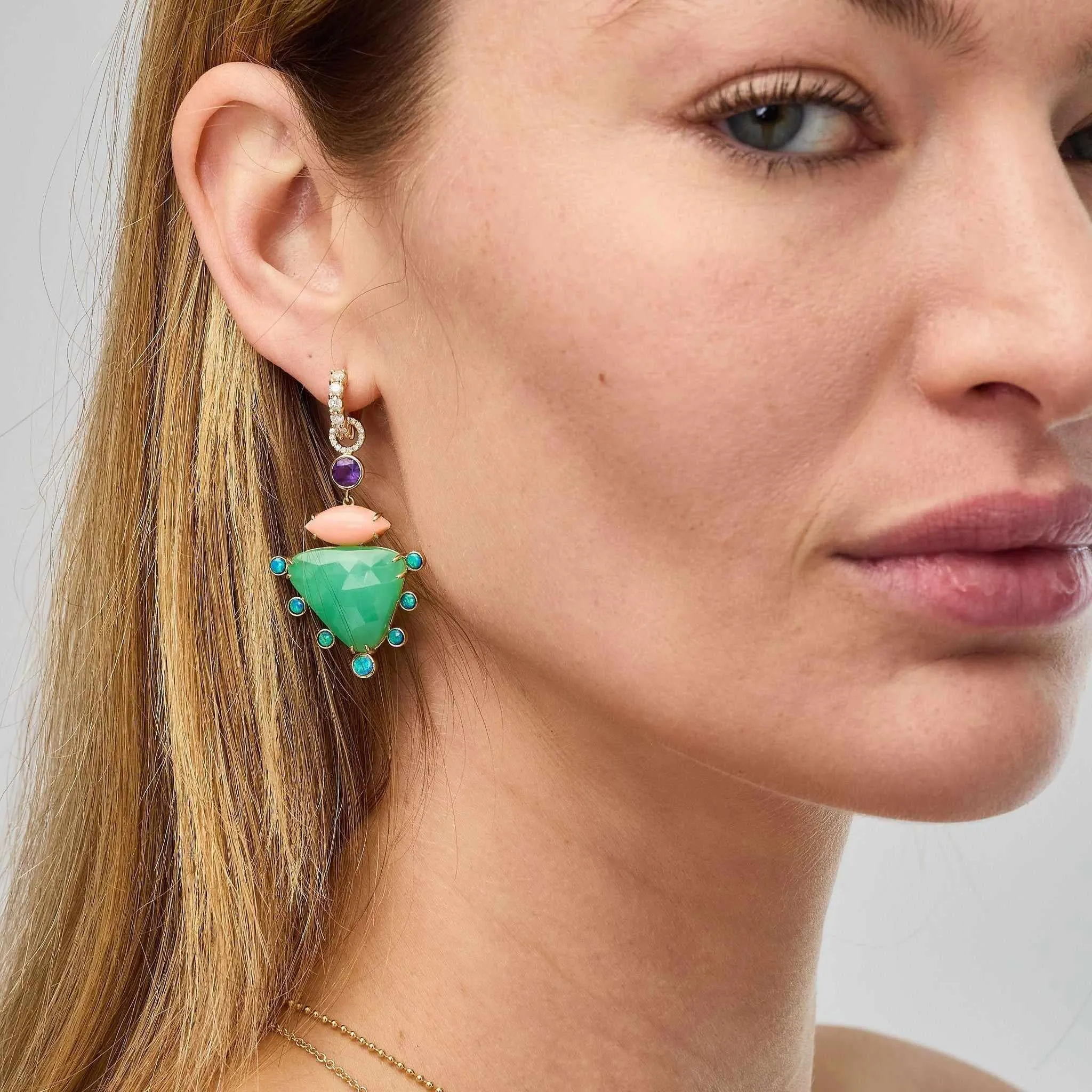 Chrysoprase, Amethyst, Opal, Diamond Earrings
