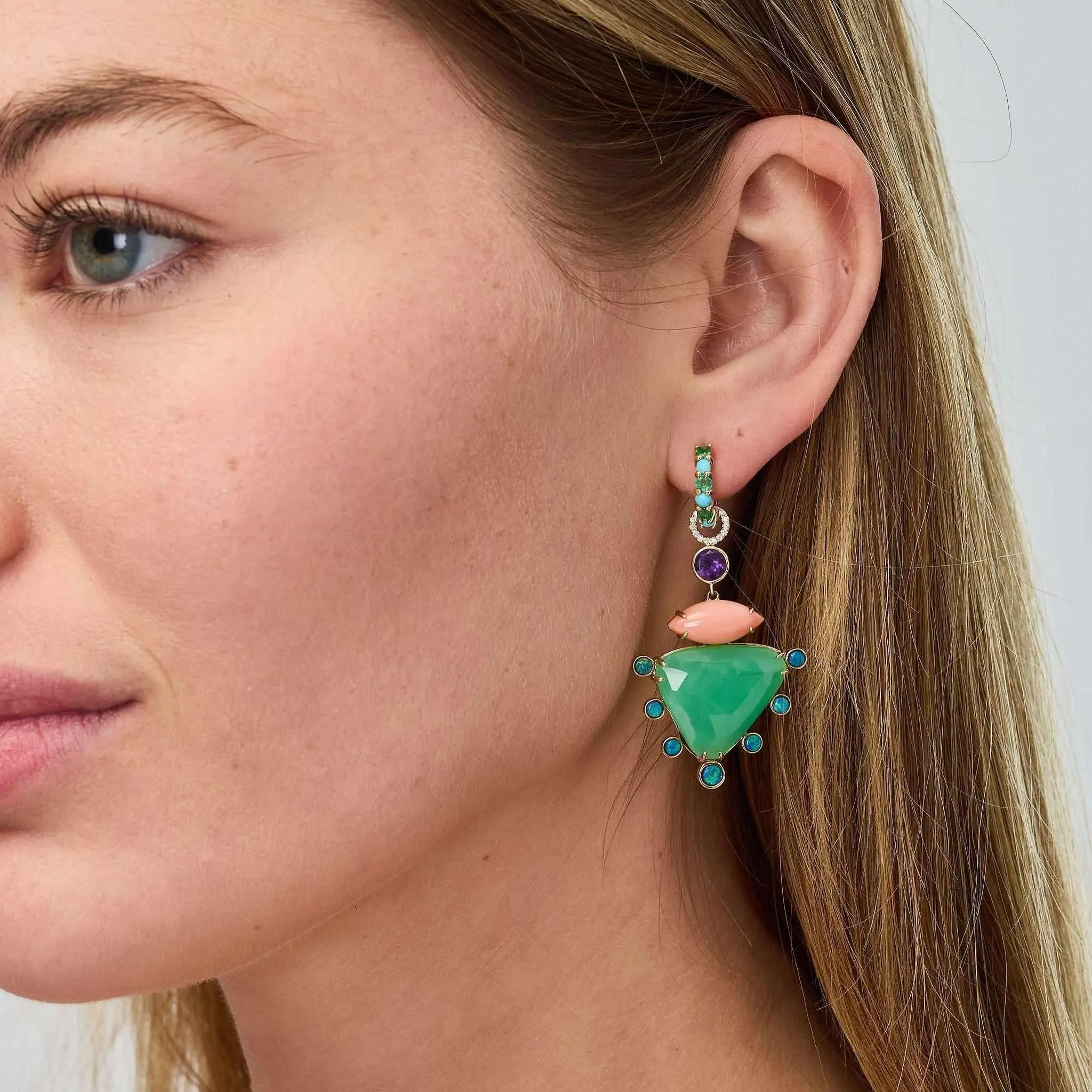 Chrysoprase, Amethyst, Opal, Diamond Earrings