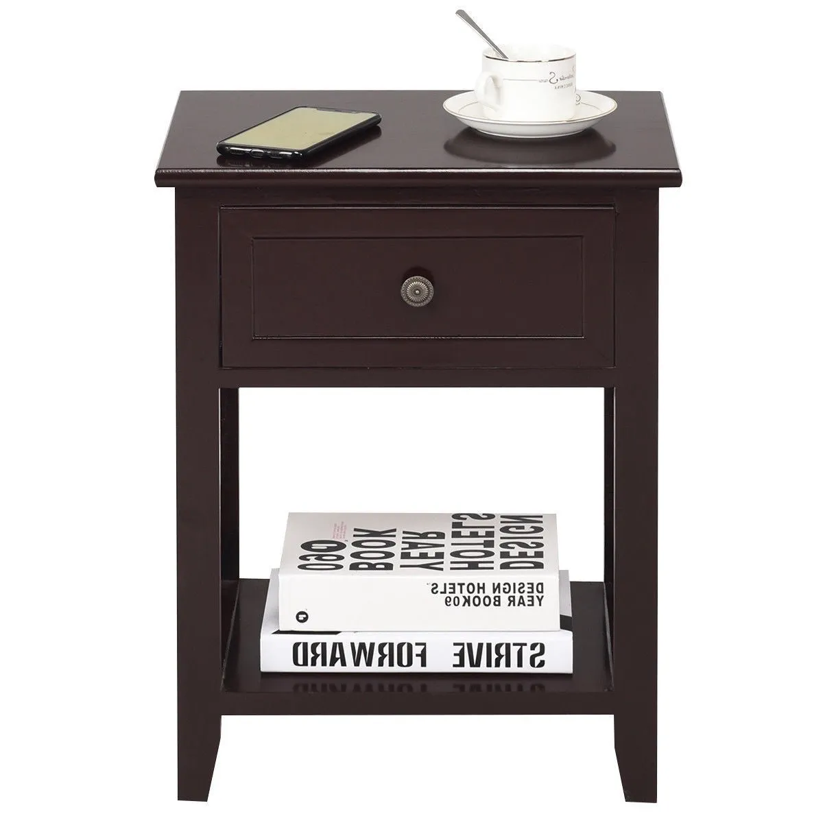Classic Brown Wood 1-Drawer Open Shelf End Table Nightstand