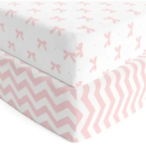 Cotton Jersey Fitted Crib Sheets – 2 Pack – Bows & Chevron