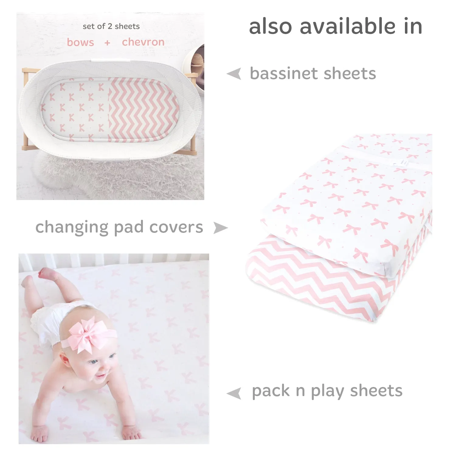 Cotton Jersey Fitted Crib Sheets – 2 Pack – Bows & Chevron