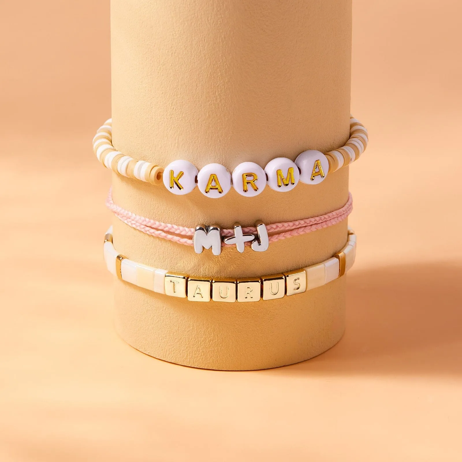 Cream Tile Bead Gold Stretch Bracelet
