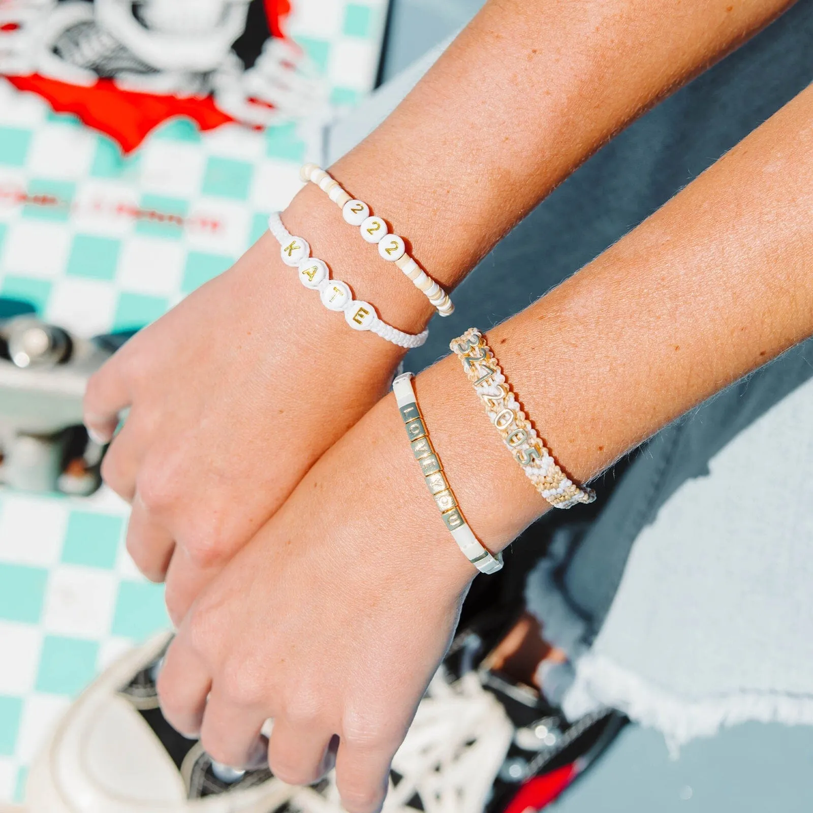 Cream Tile Bead Gold Stretch Bracelet