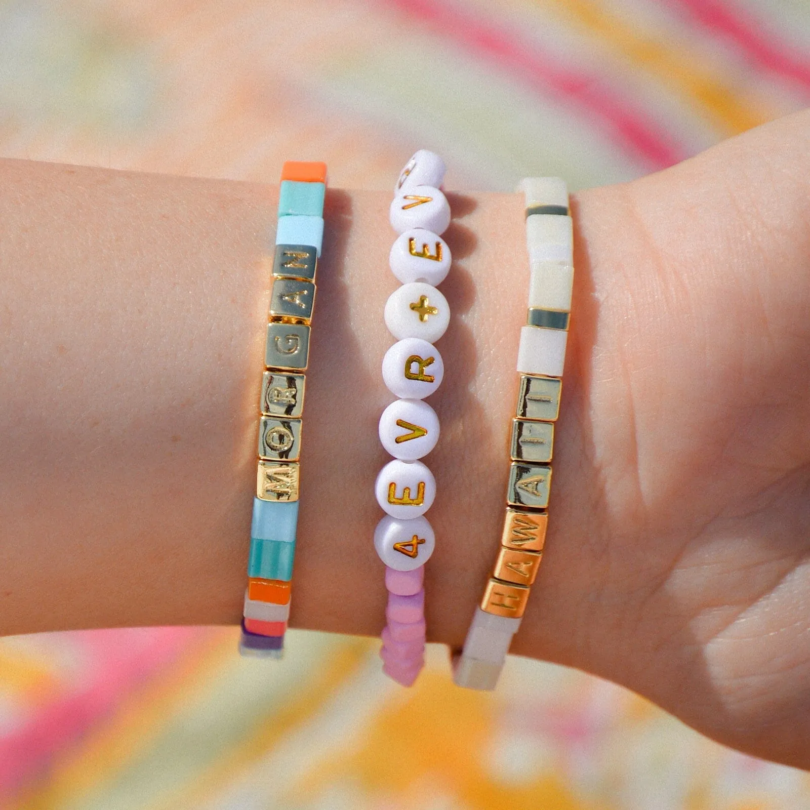 Cream Tile Bead Gold Stretch Bracelet