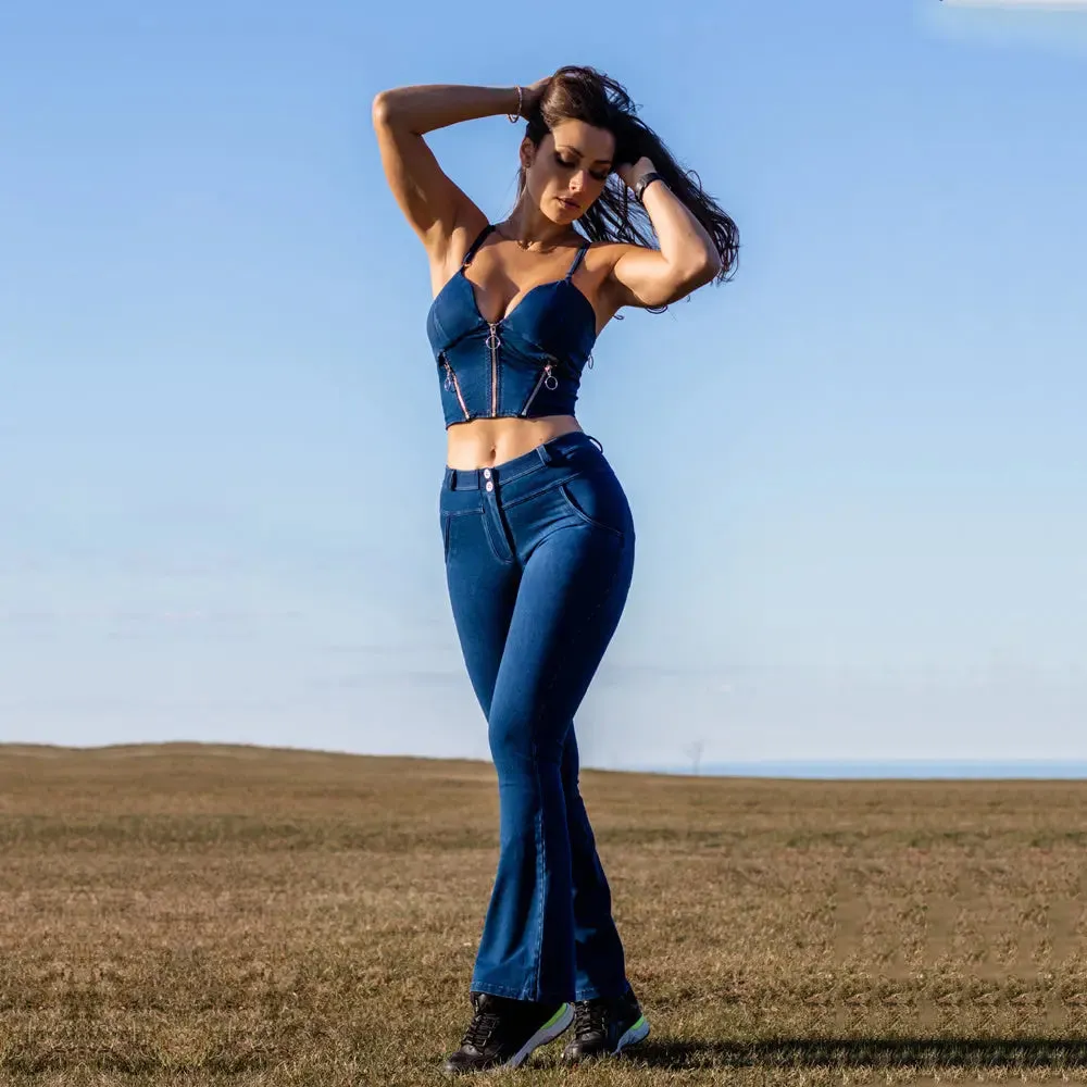 Dark Blue Womens Bodysuit - Zipper Push Up Top