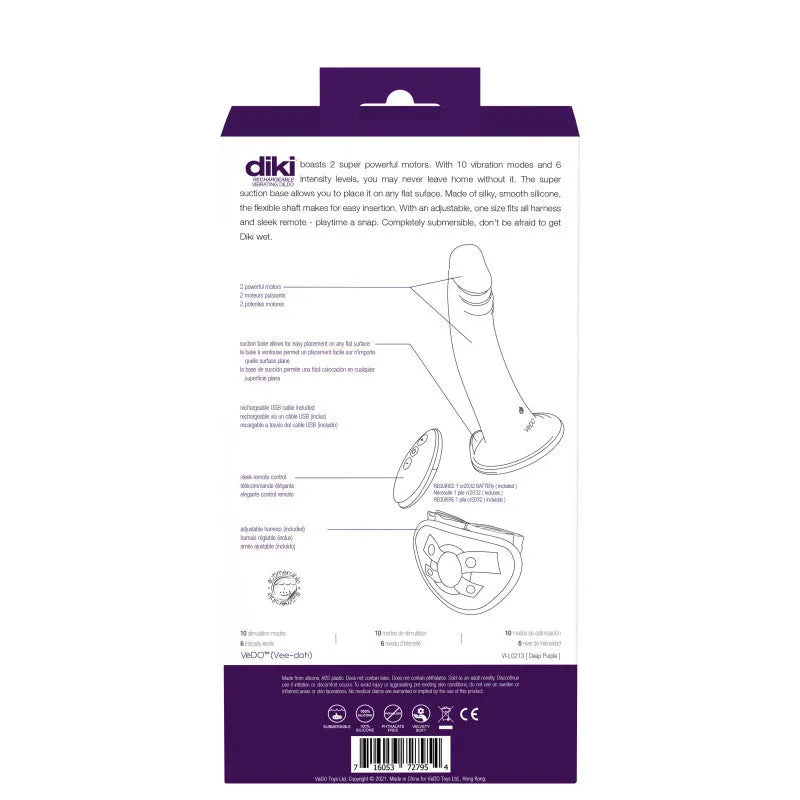Diki Rechargeable Vibrating Dildo With Harness - Deep Purple