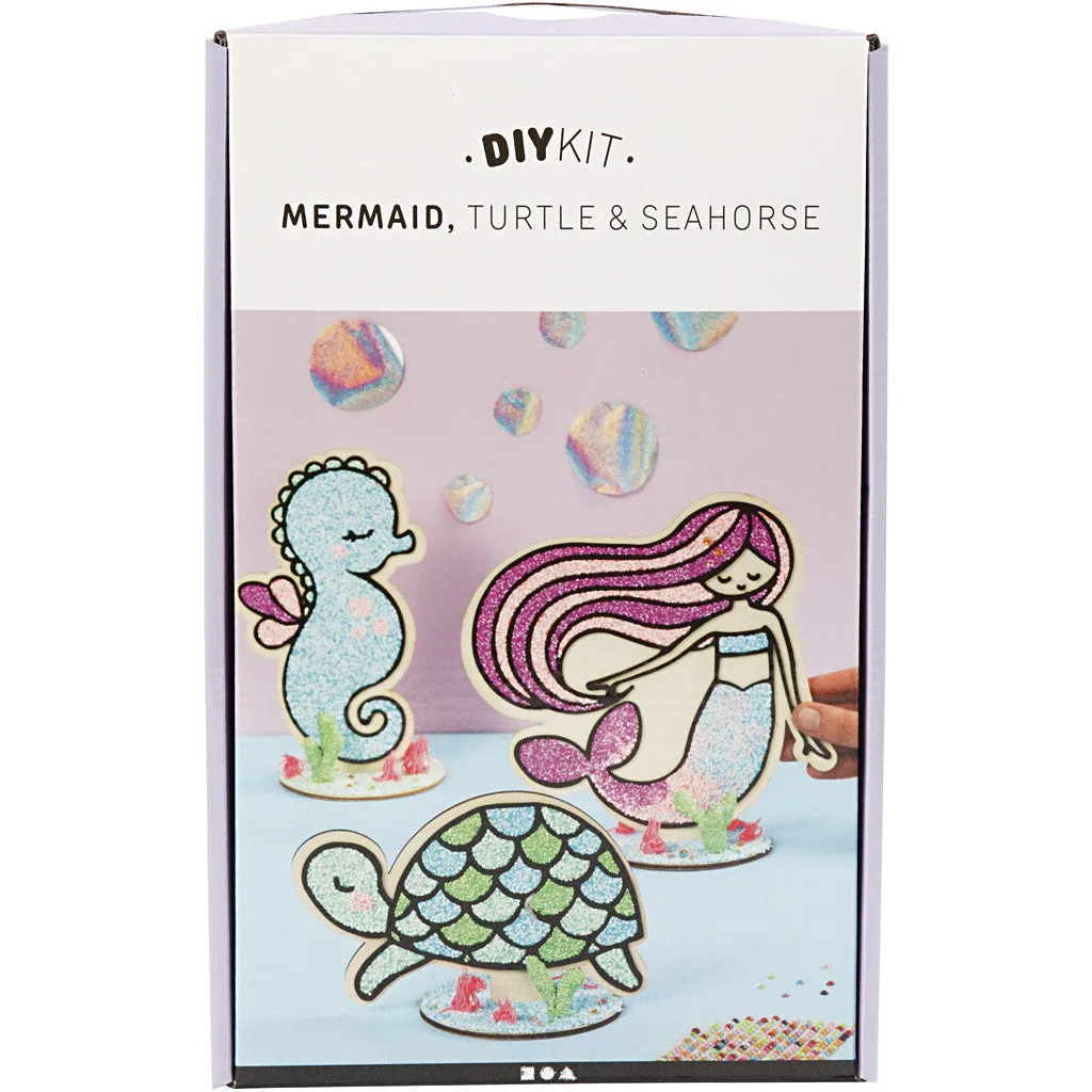 DIY Kit Wooden Figures Foam Clay Rhinestones Decoration Crafts - Mermaid Turtle Seahorse
