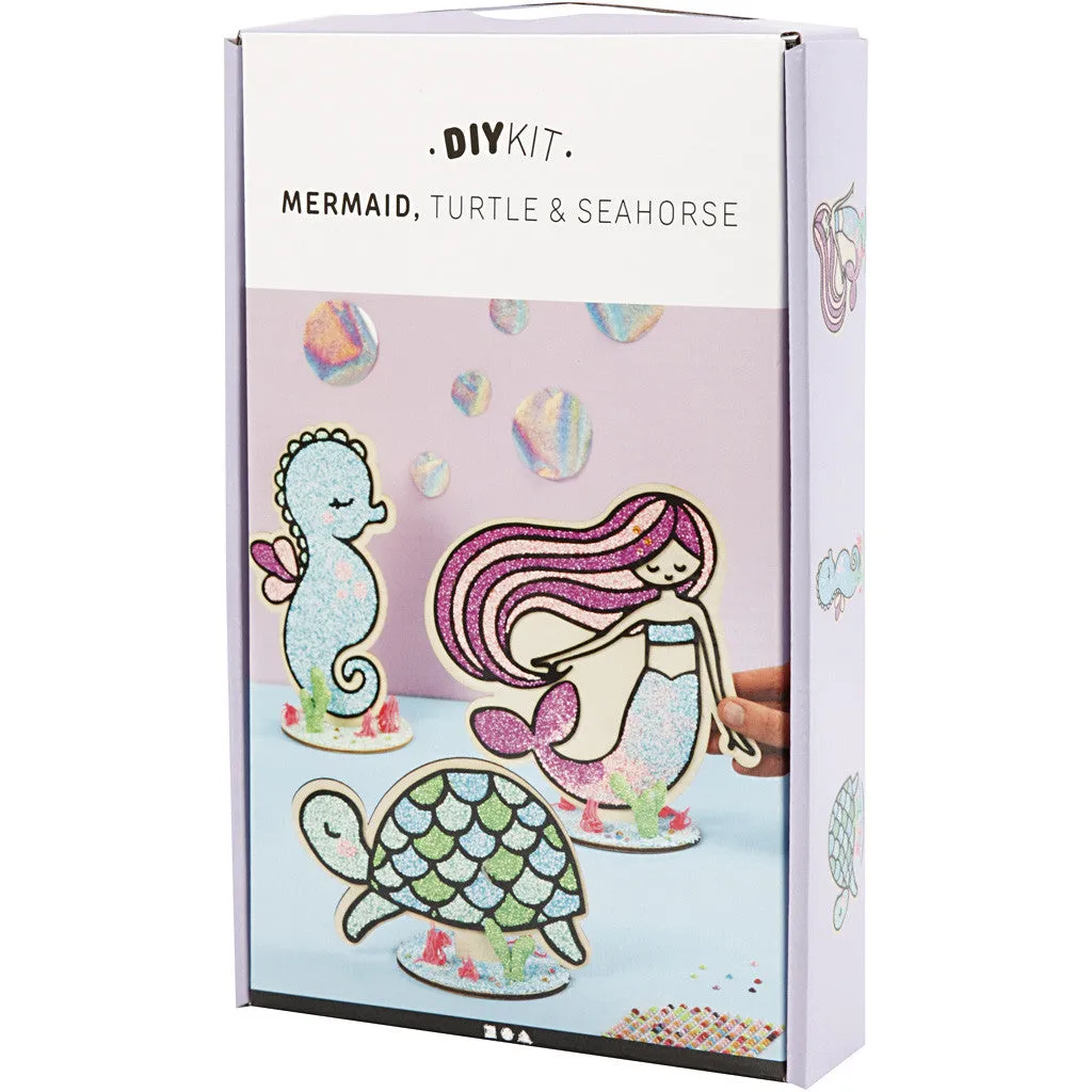 DIY Kit Wooden Figures Foam Clay Rhinestones Decoration Crafts - Mermaid Turtle Seahorse
