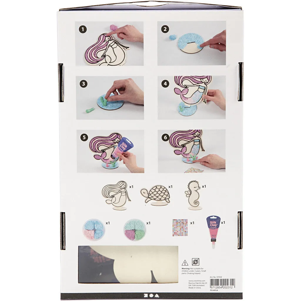 DIY Kit Wooden Figures Foam Clay Rhinestones Decoration Crafts - Mermaid Turtle Seahorse