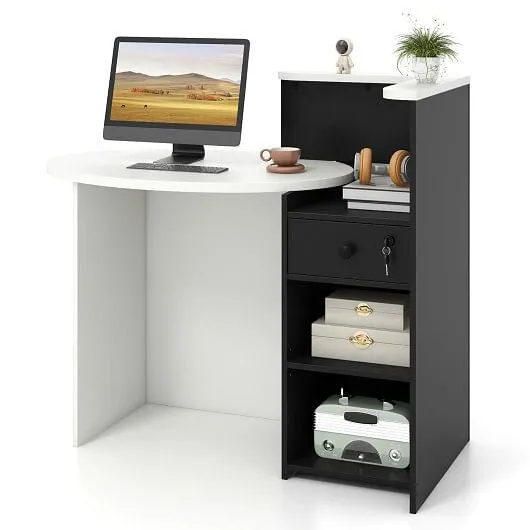Front Reception Office Desk with Open Shelf and Drawer-Black & White - Color: Bl