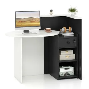 Front Reception Office Desk with Open Shelf and Drawer-Black & White - Color: Bl