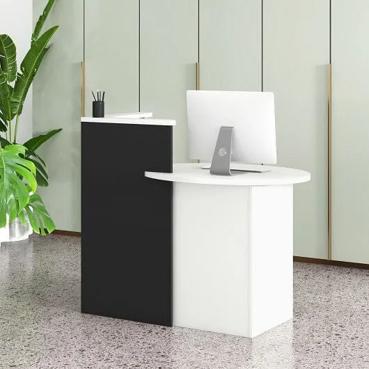 Front Reception Office Desk with Open Shelf and Drawer-Black & White - Color: Bl