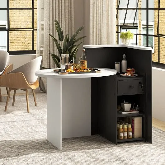 Front Reception Office Desk with Open Shelf and Drawer-Black & White - Color: Bl