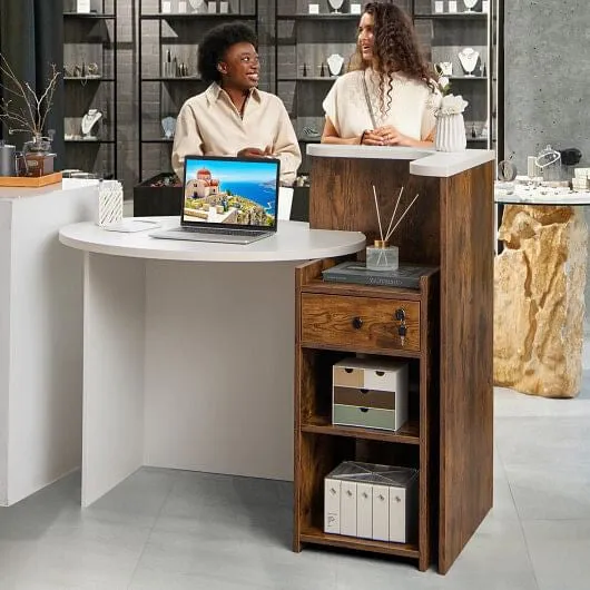 Front Reception Office Desk with Open Shelf and Drawer-Brown & White - Color: Br