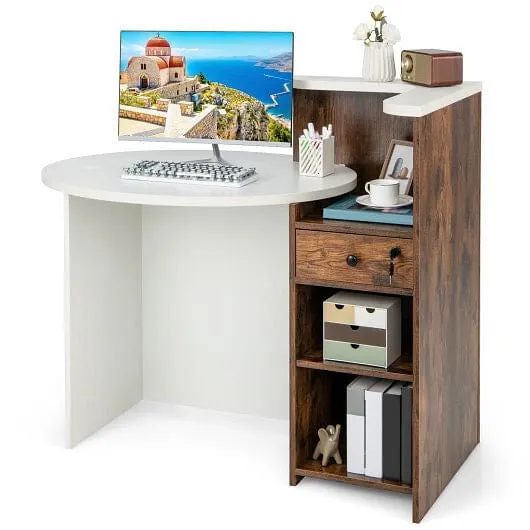 Front Reception Office Desk with Open Shelf and Drawer-Brown & White - Color: Br
