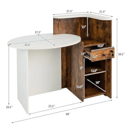 Front Reception Office Desk with Open Shelf and Drawer-Brown & White - Color: Br