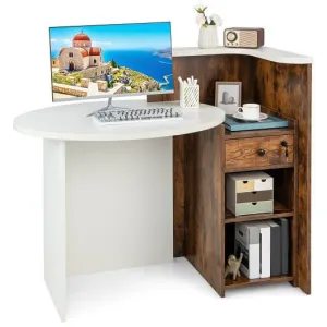 Front Reception Office Desk with Open Shelf and Drawer-Brown & White - Color: Br