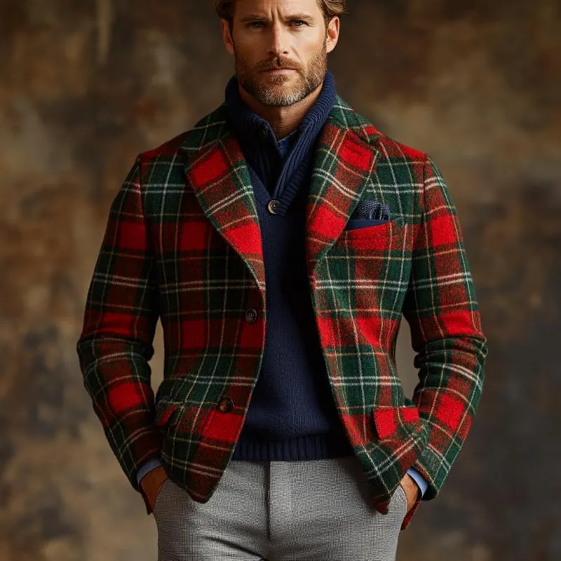 Grayson - Plaid colorblock tweed blazer men