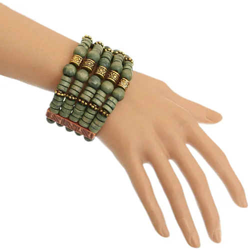 Green Wooden Beaded Stretch Bracelet