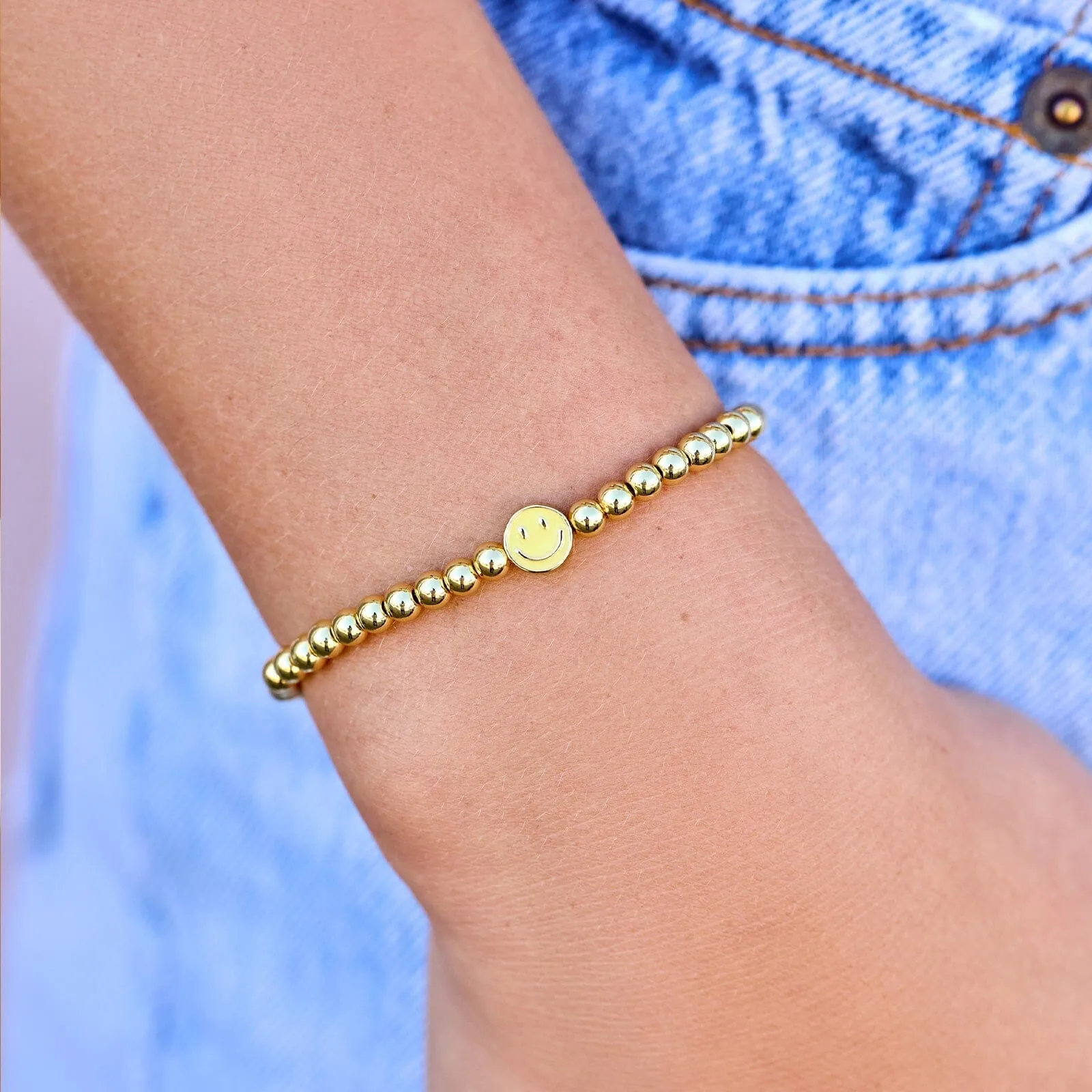 Happy Face Gold Bead Stretch Bracelet