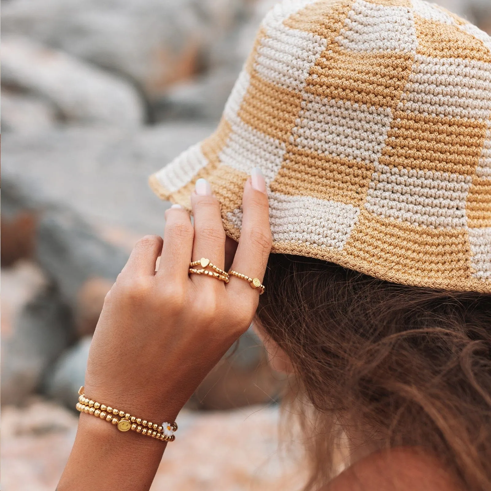 Happy Face Gold Bead Stretch Bracelet